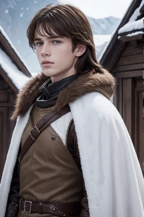 17 year old white man from the Stark house with brown hair mullet haircut winterfell background