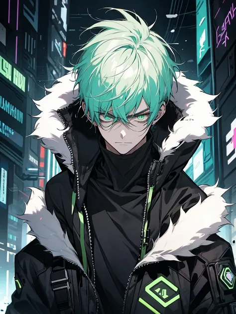 male, short hair, blue fur, green eyes, white hood, black shirt, cyberpunk, Neon, sad and pleading look, 