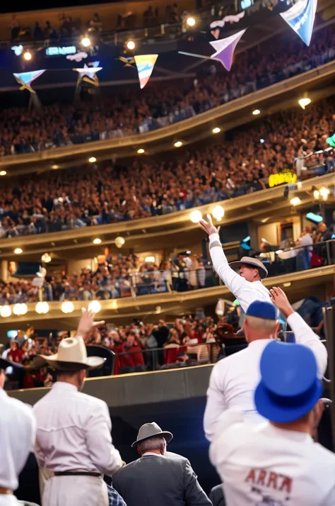 several cowboys back to back throwing their hats in the air celebrating in a cowntry party atmosphere