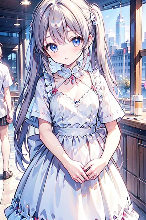 Solo girl, brown twin tails, braid hairs, blue eyes, princess dress, posing, anime girl, focus on hair