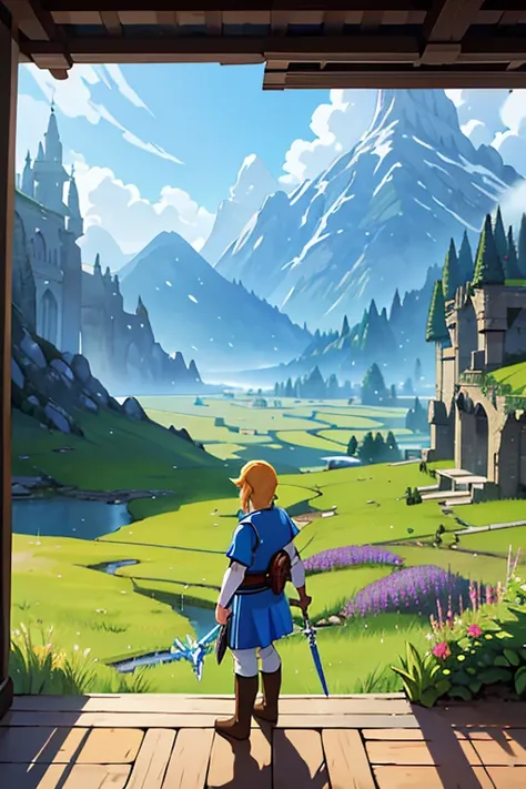 MONKS(style), Impressionism,Rainerism,The Legend of Zelda, Hero Link with the Master Sword in hand、A scene looking out over the land of Hyrule。In the background is a vast grassland and Death Mountain in the distance.、There&#39;s a bright light in the sky。L...