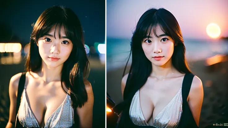 A very cute face like an idol、One 20-year-old woman with a youthful appearance、((leica 50 mm prime lens, cinestill 800T film))、(Cleavage)、(((Beautiful starry sky on the beach at night)))、((Very dim lighting))、((Don&#39;t expose your face to the light))、((L...