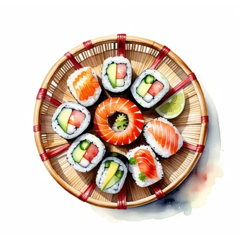 there is delicious sushi, served in a circular bamboo basket, (watercolor), illustration, isolated with solid white background, surrounded with negative space, centered compositon, 8k, highly detailed painting, very precise painting, Isolated, clear brilli...