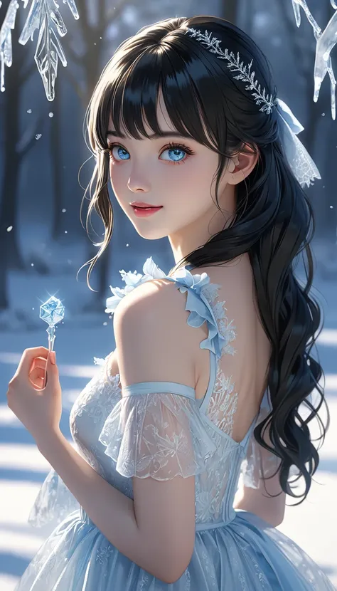 (((masterpiece))),best quality,illustration,8k wallpaper,UHD,high details,highres,16k,high quality,super detail,textured skin,accurate,anatomically correct,award winning,movie lighting,(((full body))),absurd,1 girl,(ice),in winter,(pale blue eyes),longeyel...