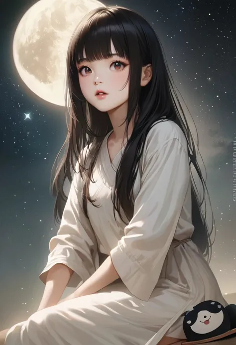 A beautiful woman with long hair wearing a white shirt, cute anime-style face, realistic anime girl, Chisato, black hair with bangs, Kurumi, cute and delicate face, young cute pale Asian face, Sakimichan, midday moon and stars in the sky, femalewith slippe...