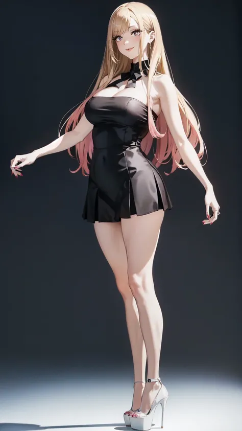 ((masterpiece, high resolution, better quality, better details)), ((Marin Kitagawa)), ((Smiling)), ((one girl)) a girl modeling standing, mini skirt, blouse, ((big neckline)), ((platform high heels)), pink eyes with black outline, (light blonde hair, strai...