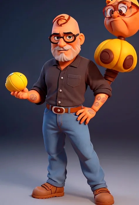 cartoon character of a 47 year old man, baldie, brown eyes with glasses, gray beard, Scrawny, builder&#39;s clothing, perfil, animation character, stylized character, animation style rendering, 3d stylized, Arnold Maya rendering, Stylized 3D rendering, too...