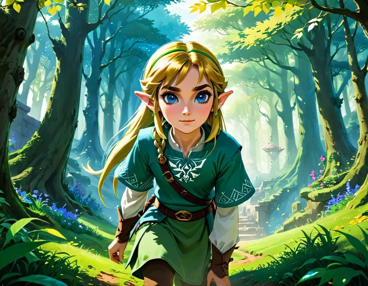 link jouant au jeux vidéo zelda dans un paysage fantastique, forêt détaillée avec un feuillage luxuriant, château épique au loin...