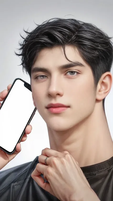 masterpiece, 1boy, adult, handsome, black hair, undercut hair, perfect face, detailed eyes and face, black eyes, clean shaved, muscular, capturing a rural atmosphere, dynamic lighting, unreal engine 5, hd picture, hold the cellphone