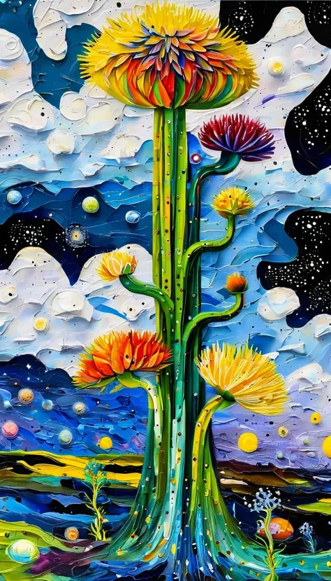 Impasto oil painting，Stacked Textures，Texture：microorganism、plant、Marine life、Exquisite eyes、Starry Sky，Stitching together an abstract painting，Describing the inner world of autistic people，3D spatial sense，White Space，interesting，Innocence，Psychedelic Art...