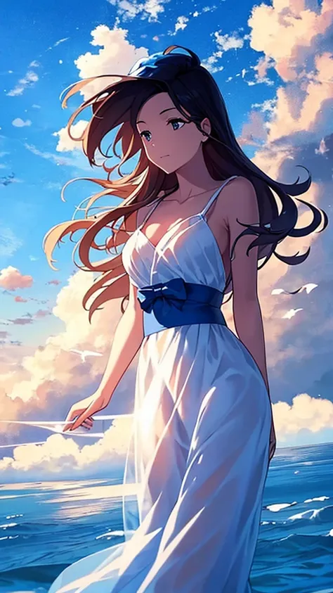 A single figure floats serenely in a vast, vivid blue sky filled with enormous, highly detailed cumulus clouds. The scene captures an ethereal moment, with the individual seemingly suspended in mid-air, surrounded by layers of fluffy white and blue clouds ...