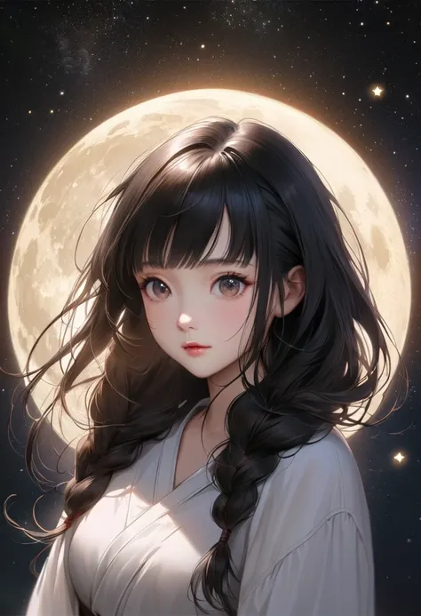 A beautiful woman with long hair wearing a white shirt, cute anime-style face, realistic anime girl, Chisato, black hair with bangs, Kurumi, cute and delicate face, young cute pale Asian face, Sakimichan, midday moon and stars in the sky, All hair braided ...