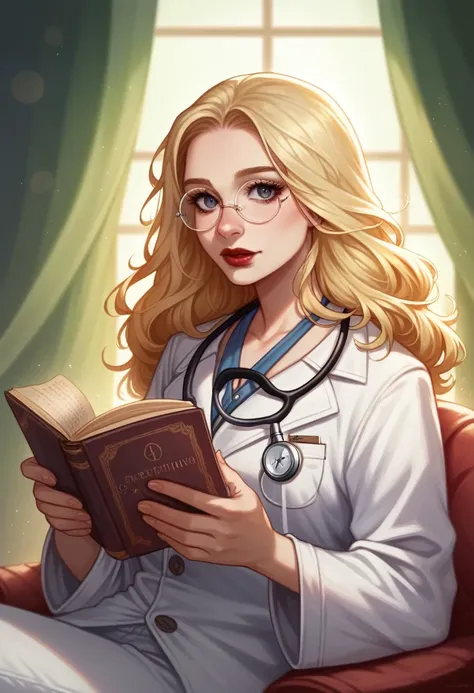 (best qualityer, ultra detali), a girl reading a nursing book , beautiful detailed eyes, (eyes browns:1.2), beautiful detailed and red lips,long eyelashes, study, a quiet library, soft natural lighting, Shelves full of books, reading glasses, concentrated ...