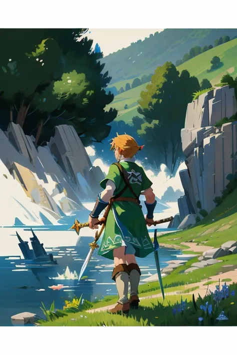 impressionism,rainerism,the legend of zelda, hero link with the master sword in hand、a scene looking out over the land of hyrule...