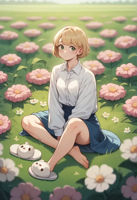 (masutepiece), Best Quality, Ultra-detailed,girl with,White shirt、bionde、small nose、blurry backround:1.5、plein air、flower  field، with slippers