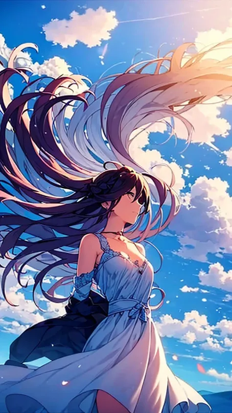 A single figure floats serenely in a vast, vivid blue sky filled with enormous, highly detailed cumulus clouds. The scene captures an ethereal moment, with the individual seemingly suspended in mid-air, surrounded by layers of fluffy white and blue clouds ...