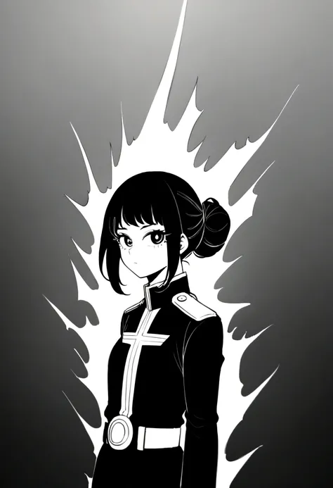 a teenage girl, medium light skin tone, long dark brown hair that is a little wavy at the ends, with a half messy bun with hair coming out of it. Dark brown almond-shaped eyes and a slightly round face. my hero academia anime style. whole body (from head t...