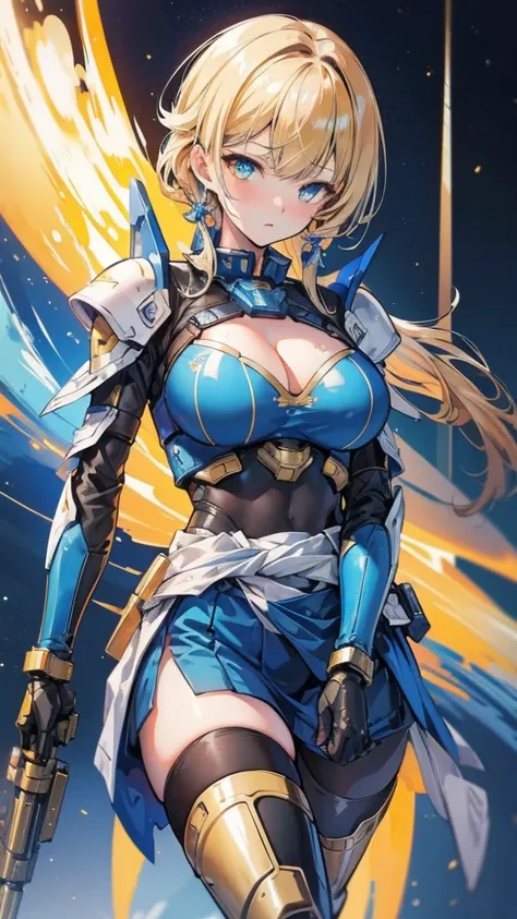 blue sci-fi armor，golden shorthair cat，Large Breasts，Cleavage，Pistol hanging from waist，fighter pilot，fighter hangar，Sexy，Lipstick，Miss，Golden Eyes，Arm equipped with laser cannon