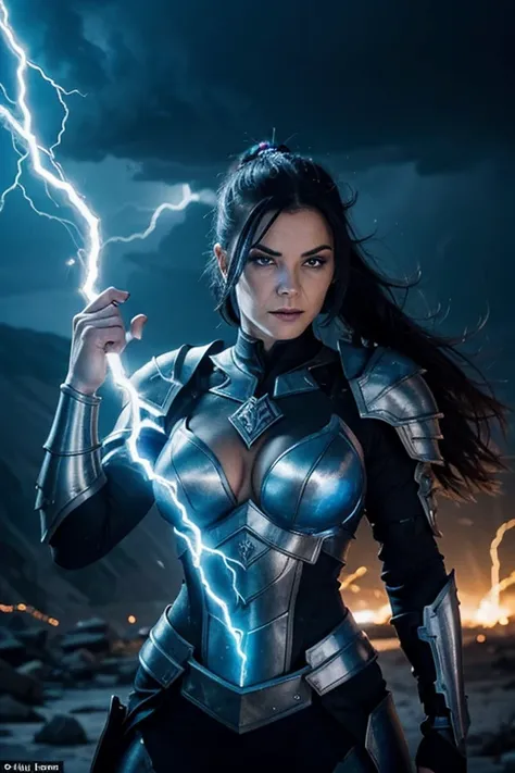 MILF, evil beautiful and muscular female Nordic storm giant with blue black hair in a ponytail, older and mature looking , throwing a lightning bolt, glowing tattoos, wearing steel runic full plate mail Armour , temple cave background with lightning storm,...