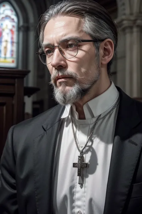 skinny man; aged 50; Sparse beard with gray strands; hair with gray strands; Simple round glasses; simple and detailed priest outfit with black and white details; pocketwatch; rosary; charismatic; fatherly; central figure; calm and determined look; backgro...