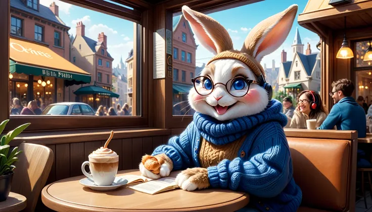 A magical and detailed fantasy scene featuring an anthropomorphic rabbit with sapphire blue eyes, dressed in a cozy, oversized sweater and jeans, sitting up straight at a window seat in a city café. The rabbit, appearing to be in its early twenties, has a ...