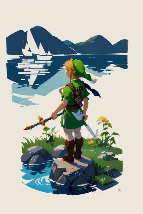 Impressionism,Rainerism,The Legend of Zelda, Hero Link with the Master Sword in hand、A scene looking out over the land of Hyrule。In the background is a vast grassland and Death Mountain in the distance.、There&#39;s a bright light in the sky。Link looks brav...