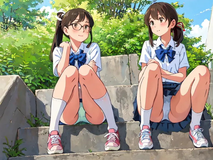 Highest quality, Ultra-high resolution, (Realistic: )2D official style cel animation,((２Girls sitting in a row))Primary school students、brown、ponytail、White Big Ribbon、Glasses、Blue Check Mini Skirt,Summer Shirts,Unbutton、(Lace panties),loose socks,sneakers...