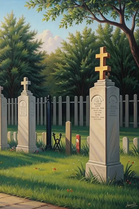 Oil painting of a cemetery fence with a key. Masterpiece.