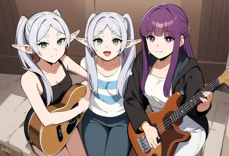 masterpiece,best quality,1boy, 2girls, fern (sousou no frieren), frieren, stark (sousou no frieren), feet out of frame, holding bass and guitar, looking at viewer, smile, closed mouth, open mouth, black jacket, tanktop,frayed denim,sunglasses,earrings,high...