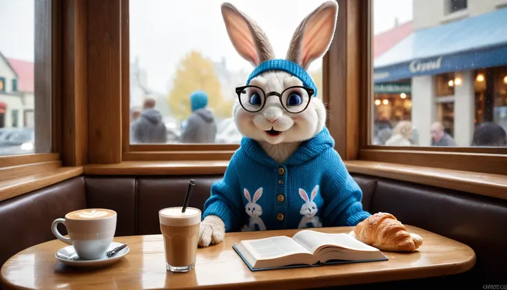 A magical and detailed fantasy scene featuring an anthropomorphic rabbit with sapphire blue eyes, dressed in a cozy, oversized sweater and jeans, sitting up straight at a window seat in a city café. The rabbit, appearing to be in its early twenties, has a ...