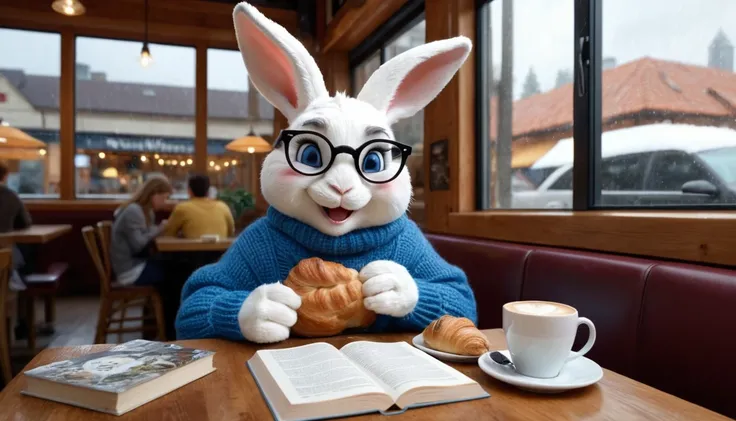 A magical and detailed fantasy scene featuring an anthropomorphic rabbit with sapphire blue eyes, dressed in a cozy, oversized sweater and jeans, sitting up straight at a window seat in a city café. The rabbit, appearing to be in its early twenties, has a ...