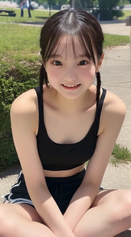 12 year old beautiful girl(Shortcuts、Big sparkling eyes、Detailed beautiful face、A kind smile、 body type、Bowl-shaped milk、Tank top、Shorts)sit cross-legged in the park。(looking at the camera)