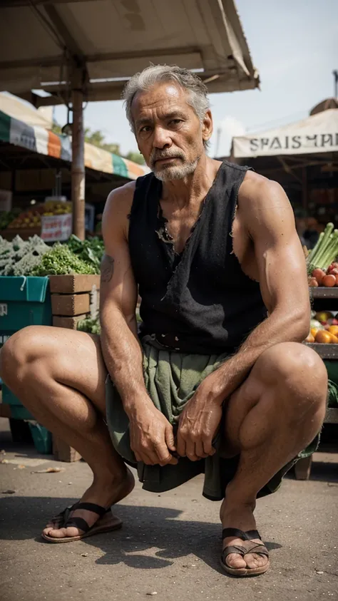 Beggar man 50 years old sit with legs squatting next to a vegetable traditional public market, torn dress, dirty skins, 