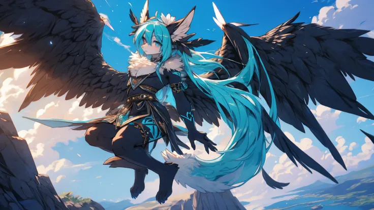 Miku Hatsune, add high definition_detail:1, blue fur,kitsune ears, tribal tattoo add_detail:1, barefoot, the same, giant black feather wings add_detail:1 ,alas hermosas la mejor calidad y detail en las plumas, flying over a beautiful cliff, add blue satura...