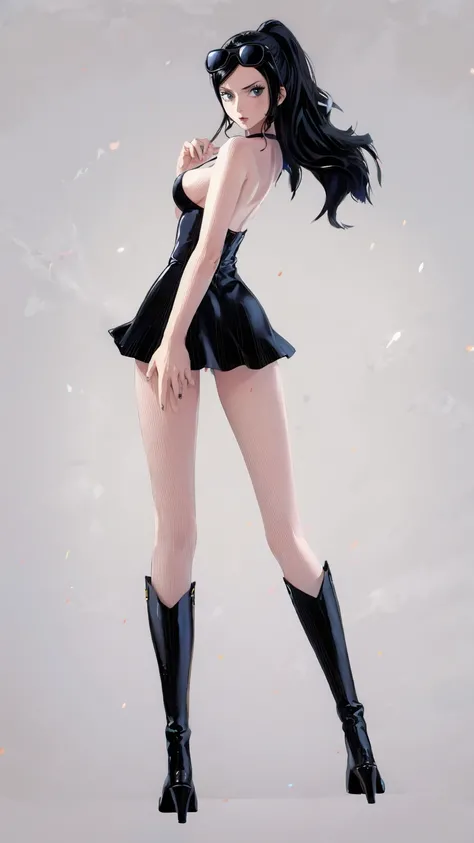 1girl, solo, boots, eyewear on head, black hair, dress, high heels, sunglasses, short dress, long hair, looking back, breasts, ponytail, nico robin, legs，medium_breasts，sideboob