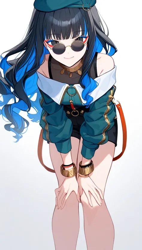 1girl, solo, long hair, black hair, colored inner hair, blue hair, wavy hair, eyeliner, makeup, jewelry, beret, o-ring, neck ring, black shorts, buttons, round sunglasses, bracelet, bare shoulders, green jacket, white jacket, off shoulder, zipper, from bel...