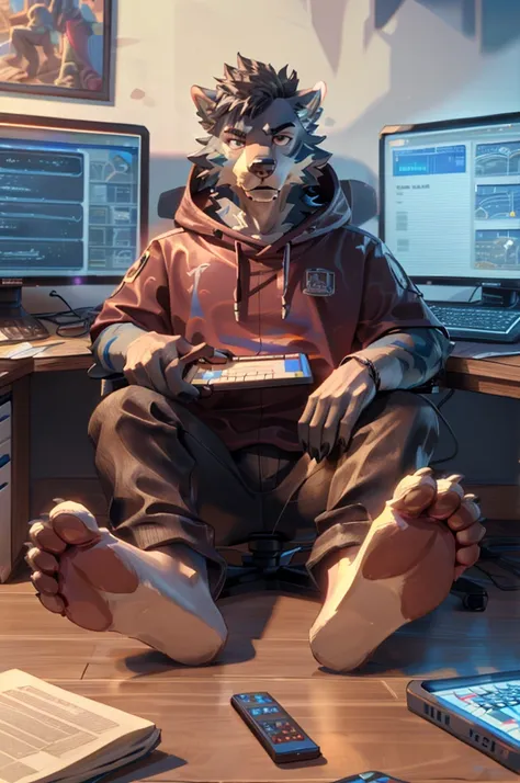 (((barefoot furry character, full body, cinematic setting, furry male, plantigrade))) computer lab scene with a tech-savvy wolf,...