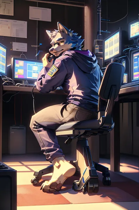 (((barefoot furry character, full body, cinematic setting, furry male, plantigrade))) computer lab scene with a tech-savvy wolf,...