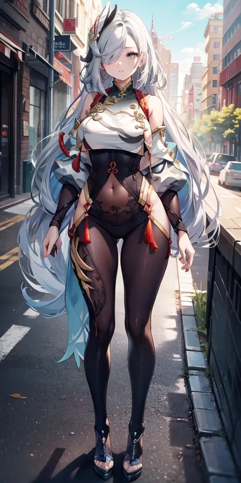 Shenhe V4, (Shen He wears a sweater),, stocking, (Solitary:1.1), (Mature woman:1.2), Pretty Face, (Delicate eyes), Symmetrical eyes, (Thin lips), (Long hair, Gray hair, Weaving, Hair covering one eye, Hair accessories), (Beautiful round breasts), Full body...