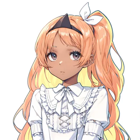 brown skin, gray eyes, orange hair, white long-sleeved blouse with frilly collars, white ribbons, black triangular headband