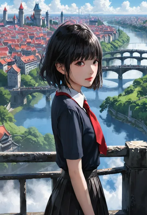 1 Girl,Bangs,Black_hair,blue_sky空,bridge,architecture,castle,City,Cityscape,cloud,sky,skirt,Watching_exist_Viewer,outdoor,Red_tie,Red_Ribbon,Ribbon,river,short_hair,short_sleeve,sky空,sky空scraper,Solitary,permanent,town,wexister,(masterpiece,Japanese cartoo...