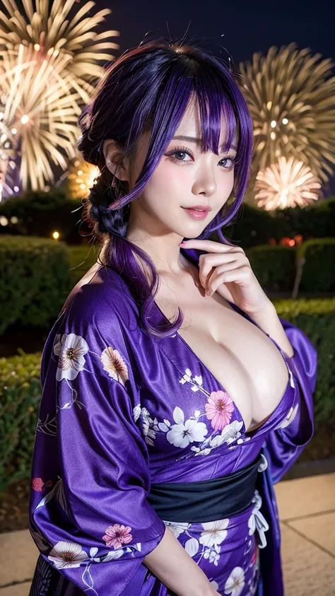 Fireworks display、Big Tits、Open-chested yukata、Purple Hair