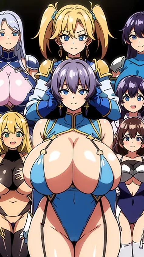 (masterpiece), Highest quality, (Fantasy:1.1), (Five Girls, Group shot:1.4), (The body is slim:1.1), (Huge boobs:1.5), (Dark Skin:1.1), (muscle:1.1), Blonde, Silver Hair, Twin tails, Braiding, amount, (Open your mouth, Smile:1.1), (Wink:1.2), peace sign, (...