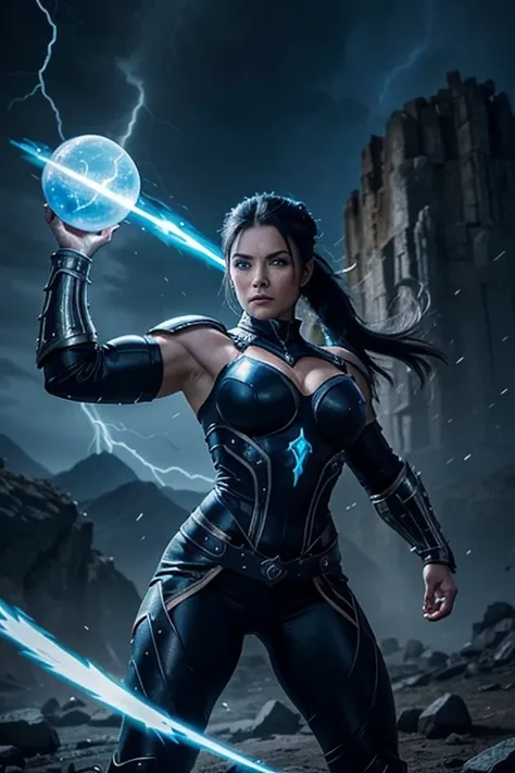 MILF, evil beautiful and muscular Nordic female storm giant with blue black hair in a ponytail, older and mature woman, throwing a lightning ball, glowing tattoos, wearing steel runic plate mail Armour , temple cave background with lightning storm, glowing...