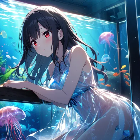 1girl、Black Hair、Red eyes、Skeleton Body、Translucent Dress、Blue jellyfish、aquarium、deep faint light 、 detailed CG、high resolution