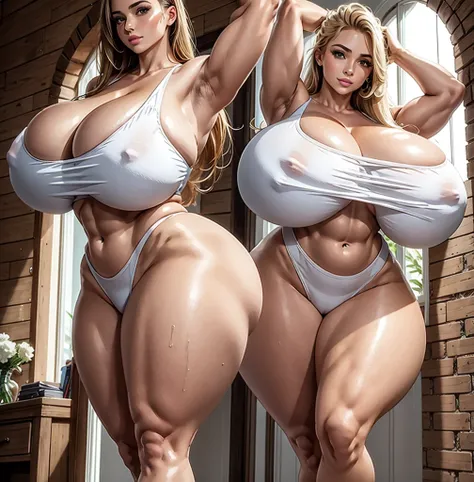 ((Obra de arte, melhor qualidade)), uma mulher de camisa , olhando de lado, com rabo de cavalo,hourglass, voluptous, curveous, thick, thick thighs, large breasts, massive breasts, youthul, very long blonde hair, workout at gym, naked, horny face, extremely...