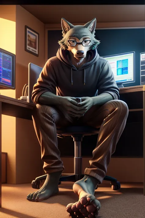 (((barefoot furry character, full body, cinematic setting, furry male, plantigrade))) computer lab scene with a tech-savvy wolf,...