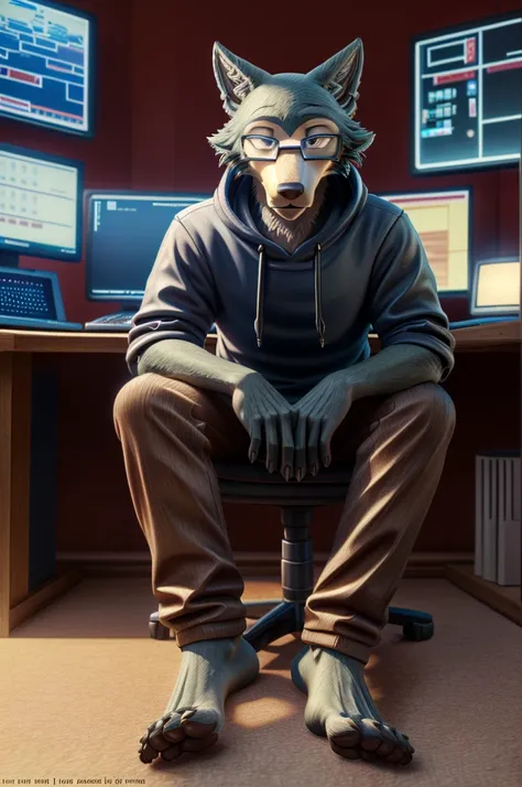 (((barefoot furry character, full body, cinematic setting, furry male, plantigrade))) computer lab scene with a tech-savvy wolf,...