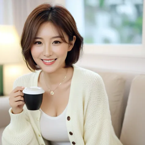 Close up of beautiful Korean woman, 32 inch chest size, Wearing a cardigan with a blouse, casual pants,  short medium hair, Smile. necklace, sit on the sofa and drink coffee, porcelain coffee cup, bokeh background, uhd