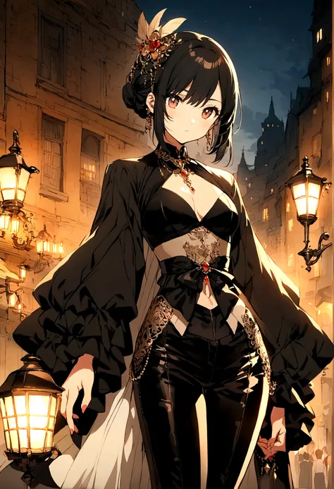 Anime girl with short black hair wearing a flared leather pants 